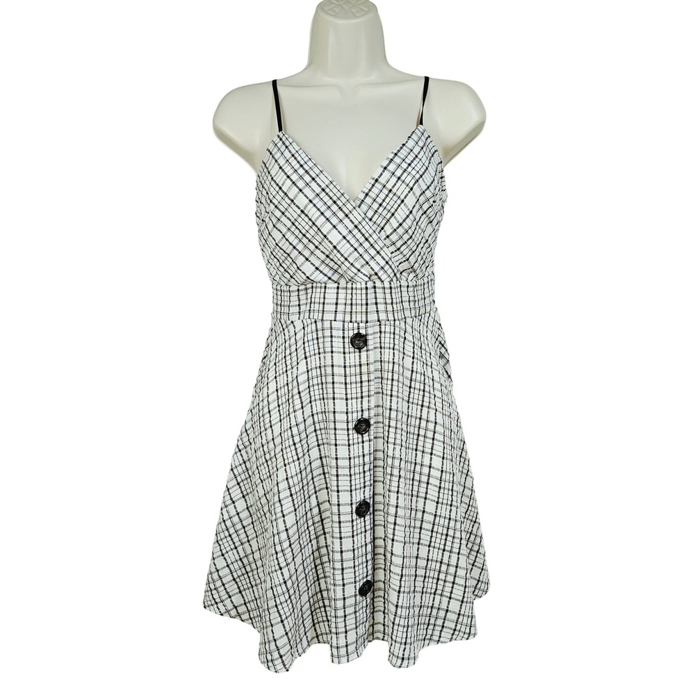 IBISS White Black Plaid Surplice Mini Dress S Dark Academia Preppy Girly Retro